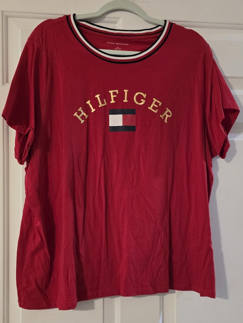 Tommy Hilfiger Red Logo Tee with Striped Crewneck
